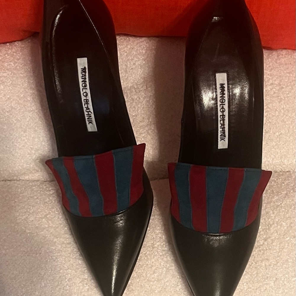 Manolo Blahnik Black Heels with Red and Blue Stripes - Picture 2 of 15